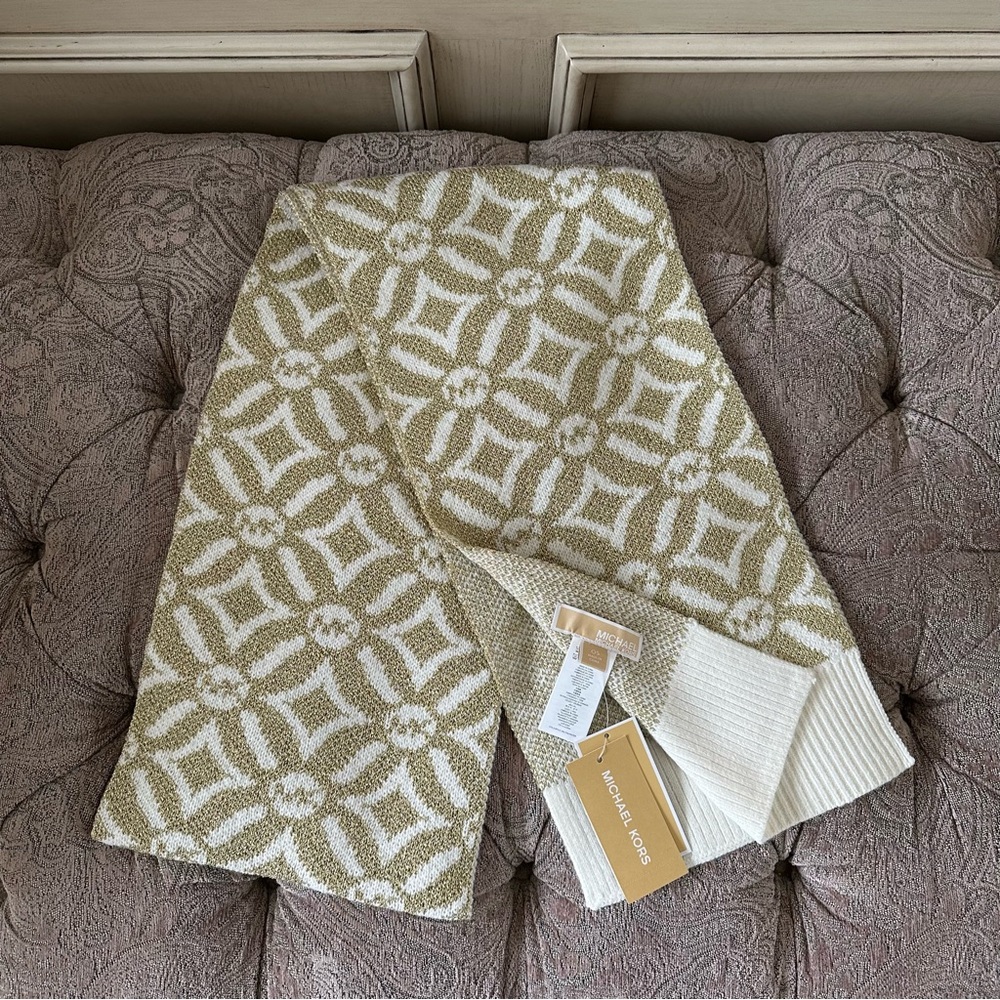 Michael Kors Scarf NWT MK Logo Print Gold 80" MSRP $98